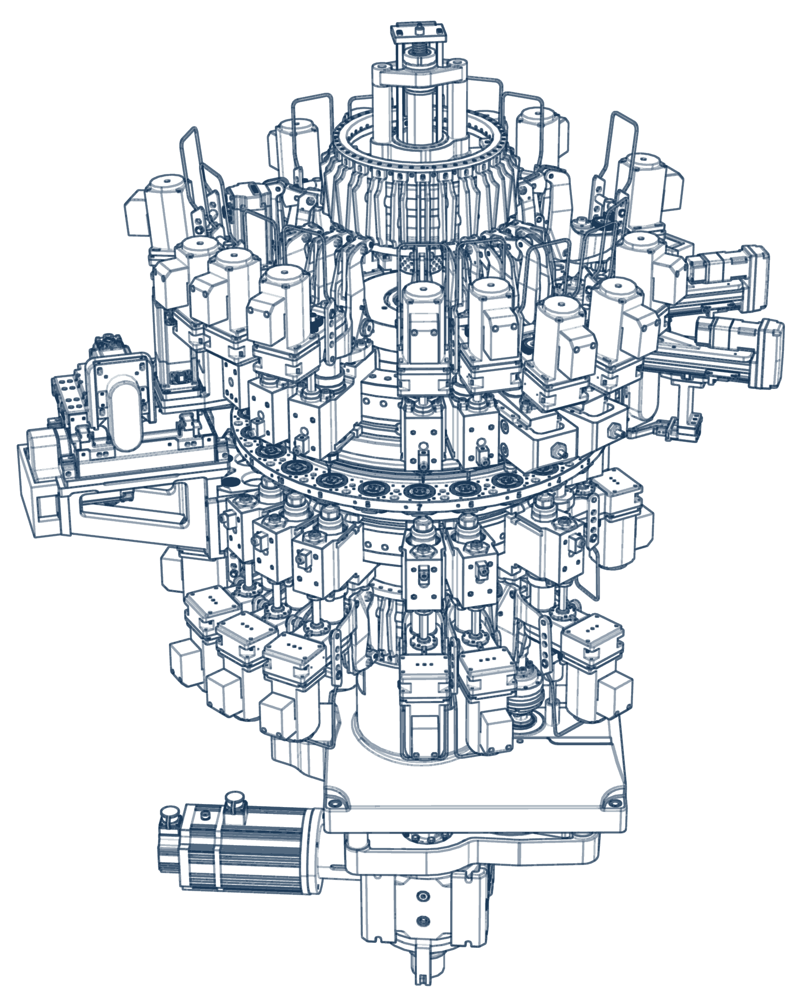 Isometric view of a rotary transfer machine with its machining units arranged around a central indexing table
